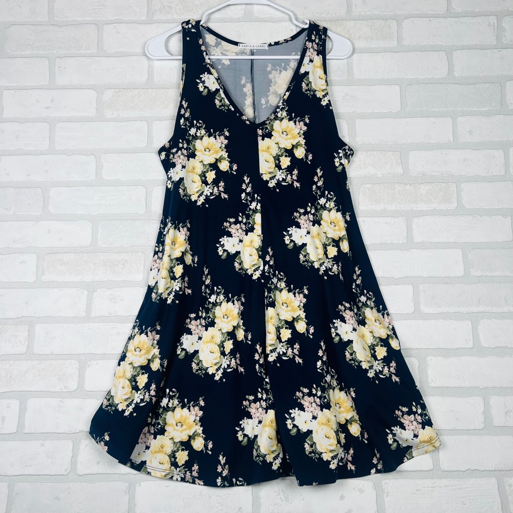 Chris & Carol Navy Blue Yellow Floral V-Neck Swing Dress with Pockets Medium